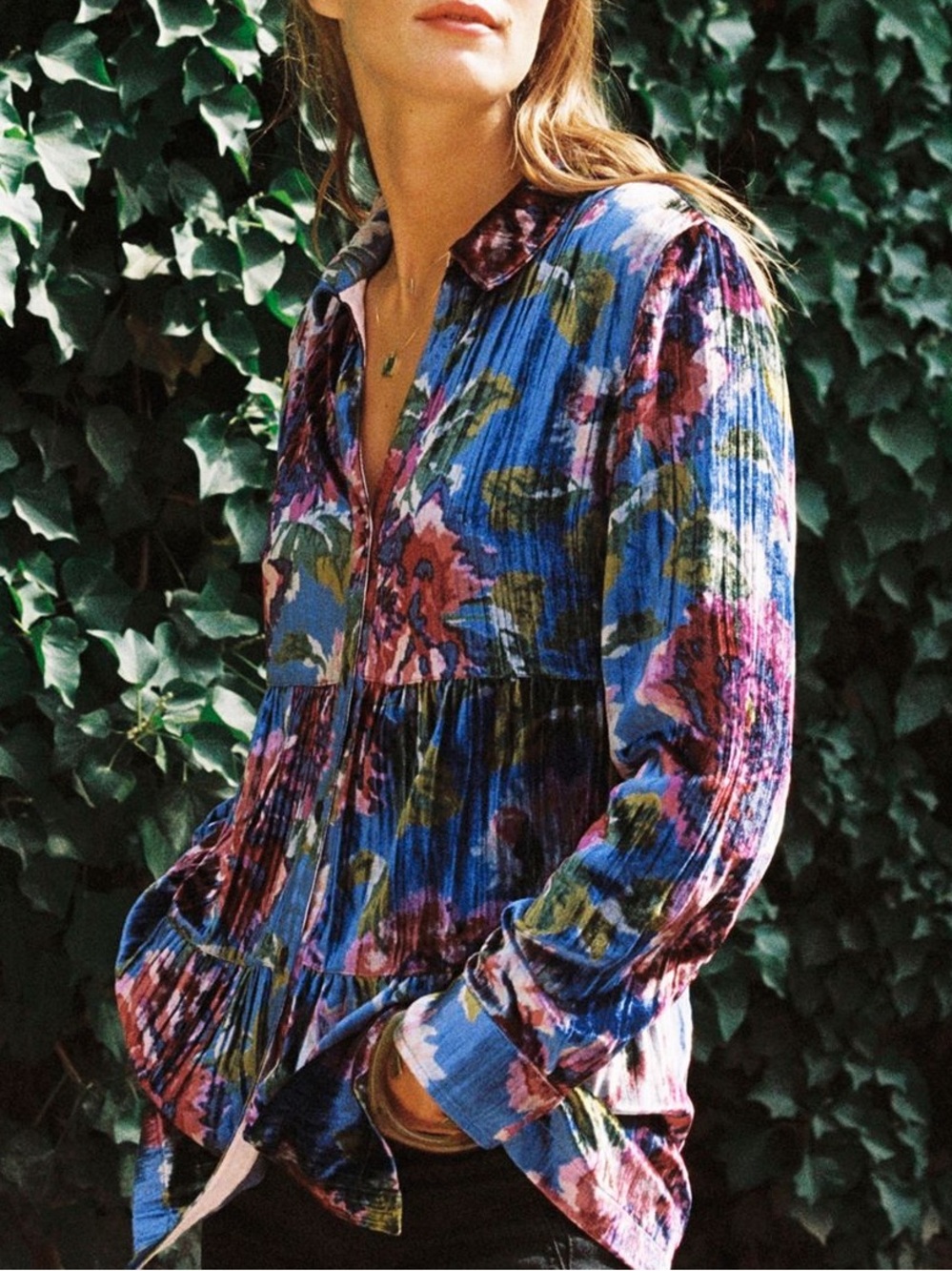 Maeve Small Reverie Blue Floral Tiered Button-Front Women's Top “velvet”